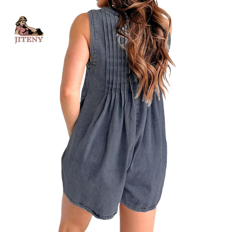 Women's Demin Tank Top Jumpsuit Loose Pleated Tie Front V Neck Sleeveless Shorts Romper with Pockets for Summer Lady Polyester Womenswear Overalls